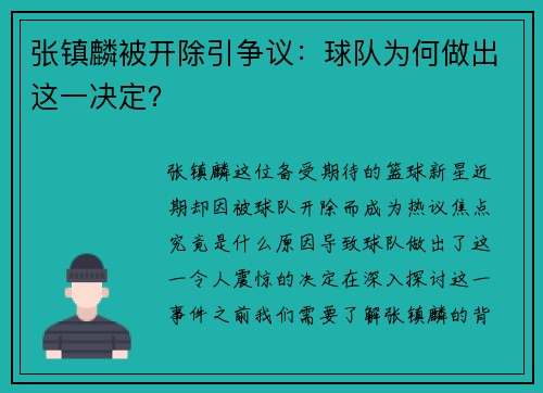 张镇麟被开除引争议：球队为何做出这一决定？